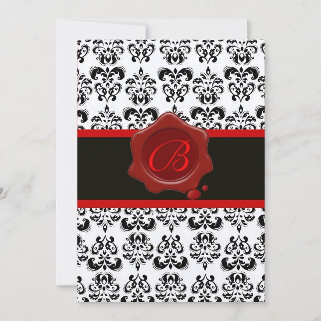 RED, SILVER AND BLACK DAMASK ,WAX SEAL MONOGRAM INVITATION (Front)