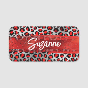 Red Silver and Black Foil Leopard Brush Strokes Name Tag