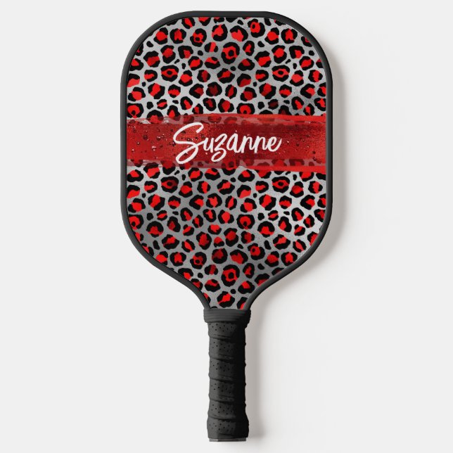 Red Silver and Black Foil Leopard Brush Strokes Pickleball Paddle (Front)