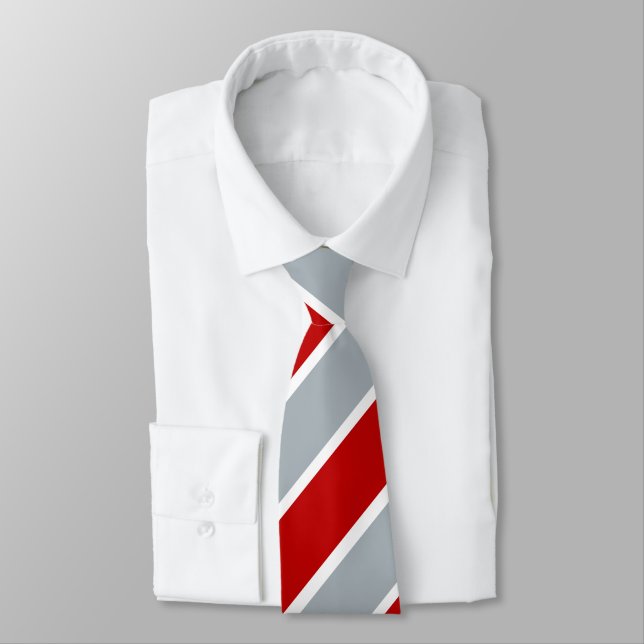 Red Silver and White Regimental Stripe Tie (Tied)