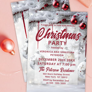 Red Silver Bauble Frosted Pine Christmas Party Invitation