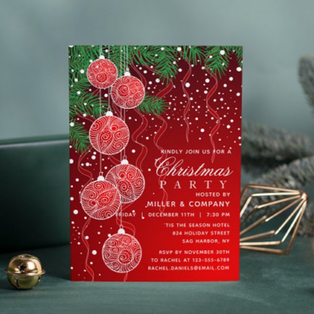 Red Silver Baubles Corporate Christmas Party Invitation (Creator Uploaded)