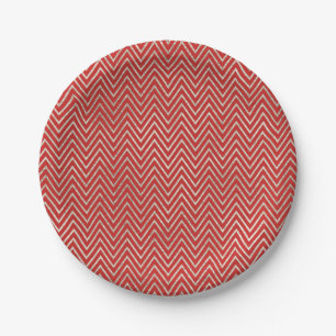 Red Silver Chevron Stripes Paper Plate
