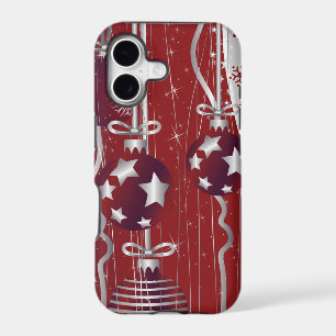 Red, silver Christmas balls, stars and snowflakes