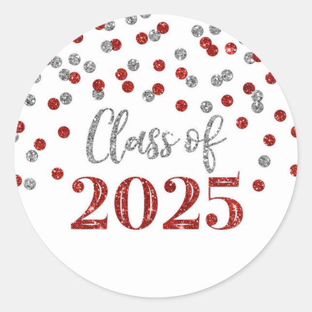 Red Silver Confetti Graduation 2025 Classic Round Sticker (Front)