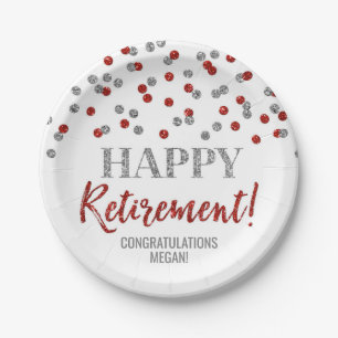 Red Silver Confetti Happy Retirement Paper Plate