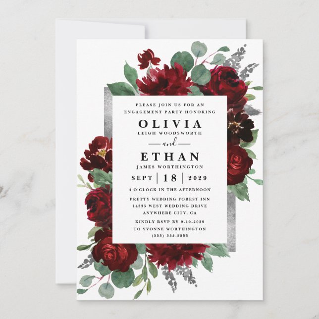 Red Silver Country Burgundy Rose Engagement Party Invitation (Front)