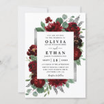 Red & Silver Country Burgundy Rose Winter Wedding Invitation<br><div class="desc">Design features watercolor peony and rose floral elements in shades of red and burgundy over eucalyptus botanical greenery. Template also features a printed silver or gray colored box for an added elegant layout. The typography displays a modern layout with black text. View the collection link on this page to find...</div>