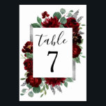 Red & Silver Country Burgundy Rose Winter Wedding Table Number<br><div class="desc">Design features watercolor peony and rose floral elements in shades of red and burgundy over eucalyptus botanical greenery. Template also features a printed silver or grey coloured box for an added elegant layout. The typography displays a modern layout with black text. View the collection link on this page to find...</div>