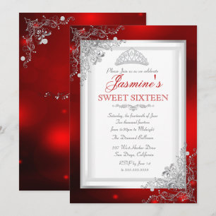 Red Silver Damask Tiara Sweet 16 Birthday Invitation
