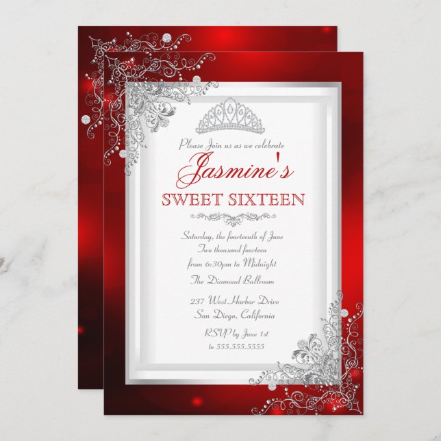 Red Silver Damask Tiara Sweet 16 Birthday Invitation (Front/Back)