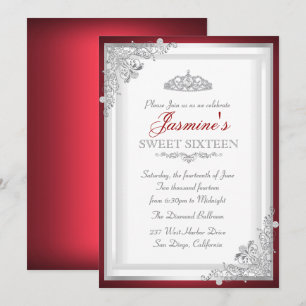 Red Silver Damask Tiara Sweet 16 Invitation