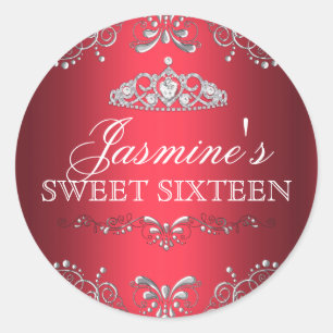 Red Silver Damask & Tiara Sweet 16 Sticker