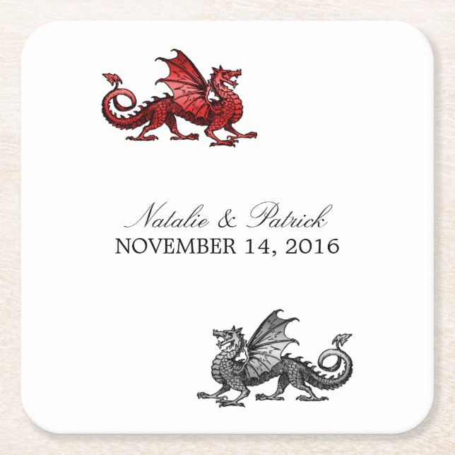 Red Silver Dragon Wedding Paper Coasters (Front)