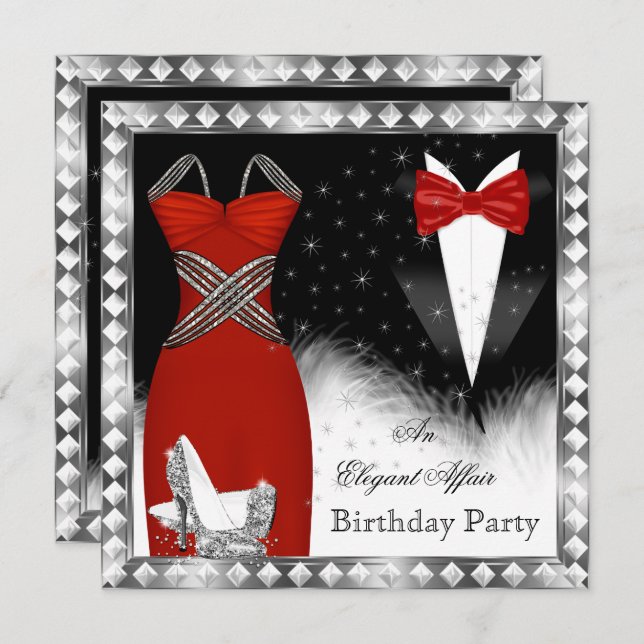 Red Silver Dress Black Tie Birthday Party 2 Invitation (Front/Back)