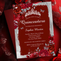 Red Silver Elegant Floral Butterfly Quinceanera