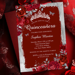 Red Silver Elegant Floral Butterfly Quinceanera 