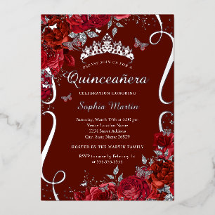 Red Silver Floral Butterfly Elegant Quinceanera