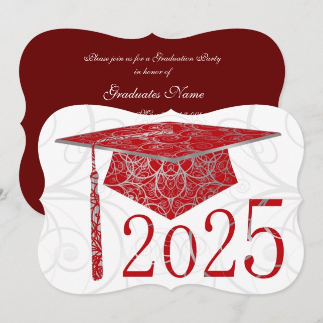 Red & Silver Floral Cap 2025 Graduation Party Invitation (Front/Back)