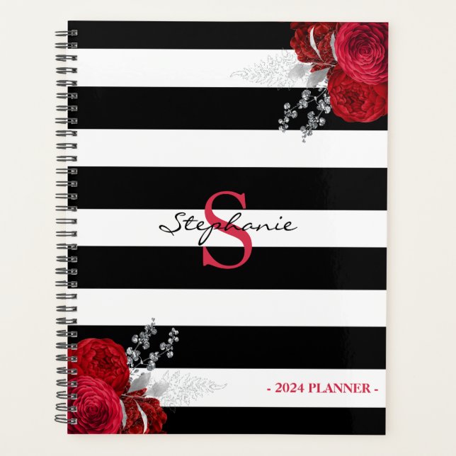 Red Silver Floral Monogram Black Stripes 2024 Planner (Front)