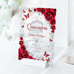 Red Silver Floral Quinceanera Acrylic Invitations<br><div class="desc">Red silver Quinceanera celebration invitation. Features script font,  silver butterflies,  watercolor roses and tiara. Perfect for an elegant princess style glam celebration. Personalize with your own details. Stylish transparent or frosted acrylic invitations.</div>