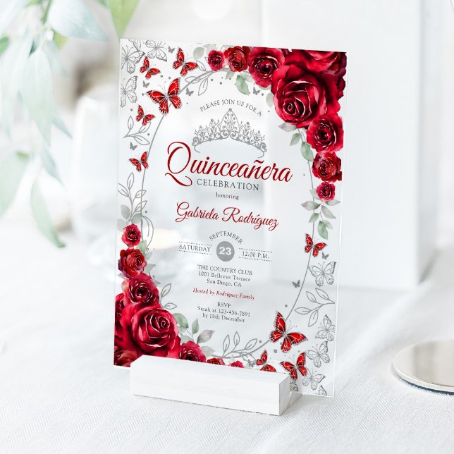 Red Silver Floral Quinceanera Acrylic Invitations (Creator Uploaded)