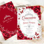Red Silver Floral Quinceanera Invitation<br><div class="desc">Red silver and white Quinceanera celebration invitation. Features,  script font,  silver butterflies,  watercolor roses and tiara. Perfect for an elegant princess style glam celebration. Personalize with your own details. Printed Zazzle invitations or instant download digital printable template.</div>