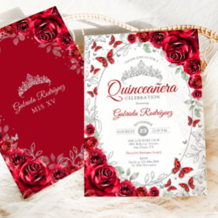 Red Silver Floral Quinceanera Invitation