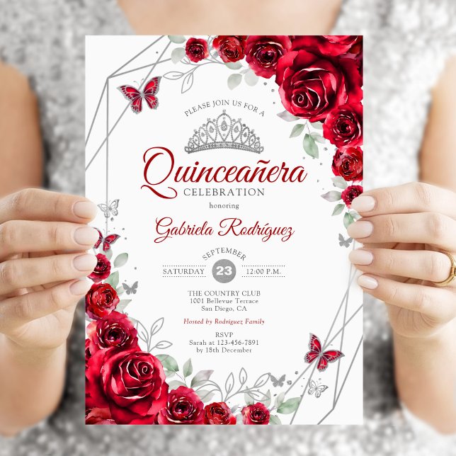 Red Silver Floral Quinceanera Invitation (Creator Uploaded)
