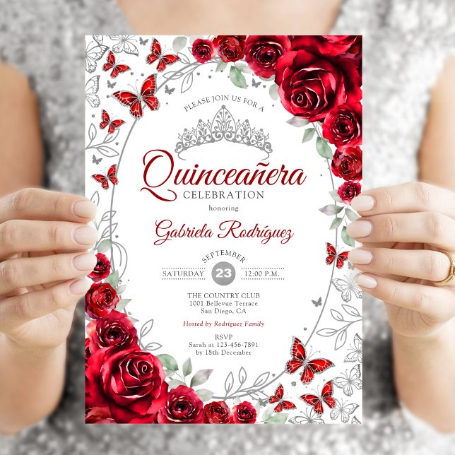 Red Silver Floral Quinceanera Invitation (Creator Uploaded)