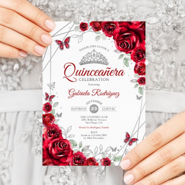 Red Silver Floral Quinceanera Invitation (Creator Uploaded)