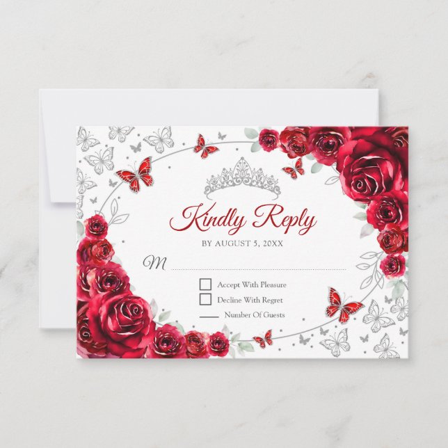 Red Silver Floral Quinceanera Reply RSVP Card (Front)