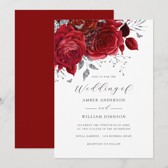 Red Silver Floral Rose Wedding   Invitation (Front/Back)