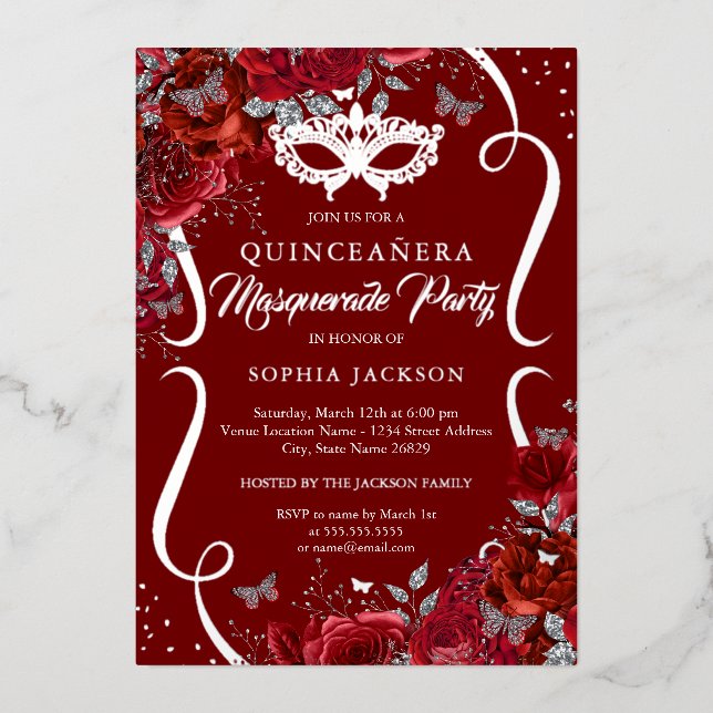 Red Silver Floral Scroll Masquerade Quinceanera (Front)