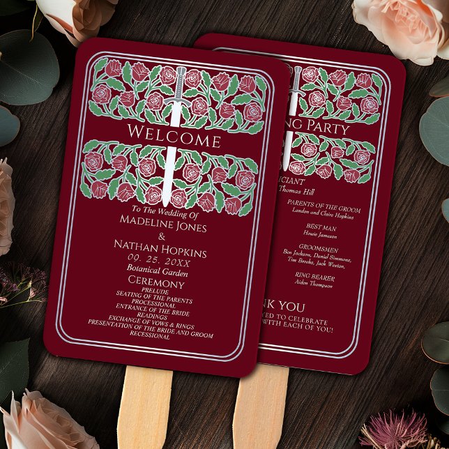 Red Silver Floral Sword Royal Wedding Program Hand Fan (Creator Uploaded)