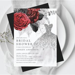 Red & Silver Floral Wedding Dress Bridal Shower Invitation