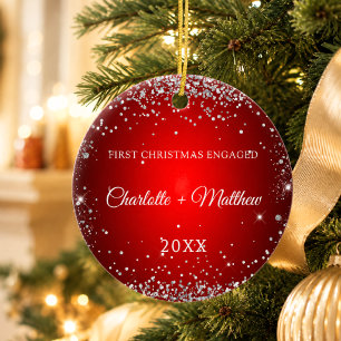 Red silver glitter engaged ceramic tree decoration