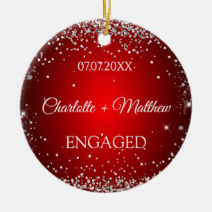 Red silver glitter engamement photo ceramic tree decoration