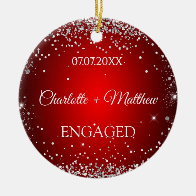 Red silver glitter engamement photo ceramic tree decoration (Front)