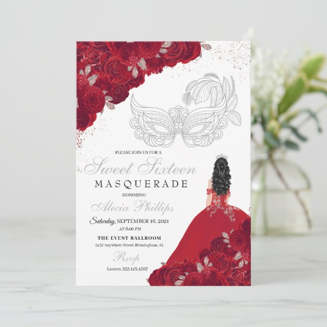 Red & Silver Glitter Sweet 16 Masquerade Invitation (Standing Front)