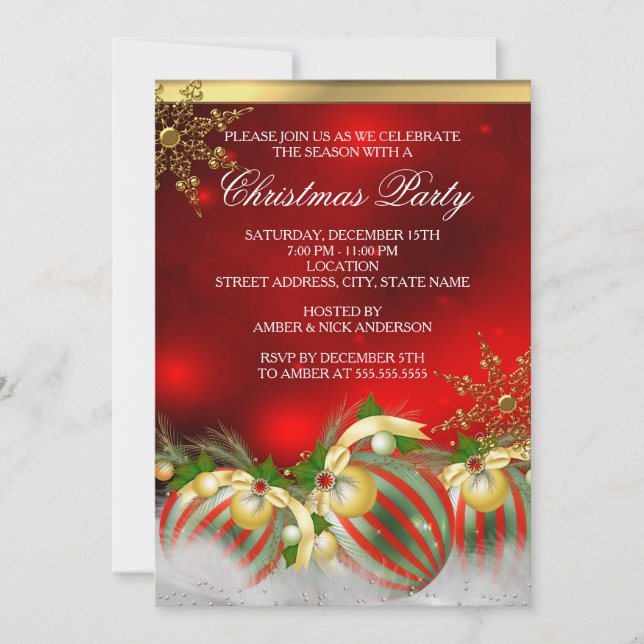 Red Silver Gold Holly Baubles Christmas Party 3 Invitation (Front)