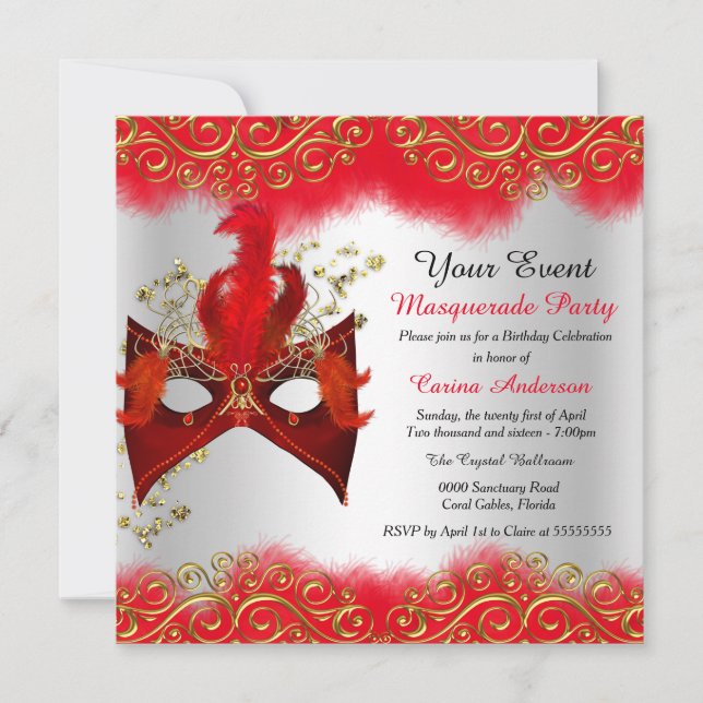 Red Silver Gold Mask Masquerade Birthday Party Invitation (Front)