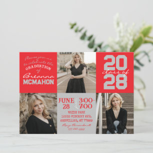 Red & Silver Grey 3 Photo Graduation Invitation