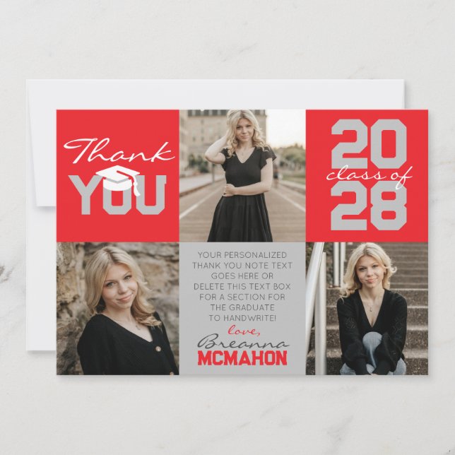 Red & Silver Grey 3 Photo Graduation Thank You Invitation (Front)