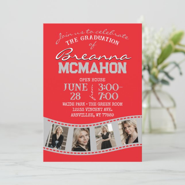 Red & Silver Grey Filmstrip 5 Photo Graduation Invitation (Standing Front)
