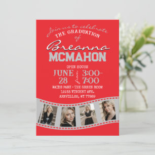 Red & Silver Grey Filmstrip 5 Photo Graduation Invitation