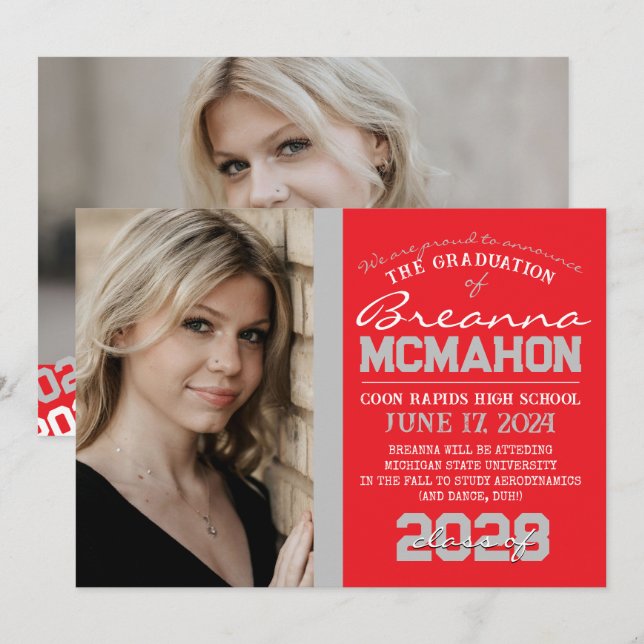 Red & Silver Grey Graduation 2 Photo Announcement (Front/Back)