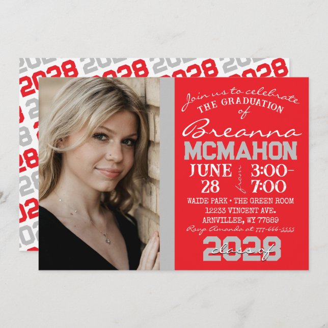 Red & Silver Grey Graduation Photo Invitation (Front/Back)
