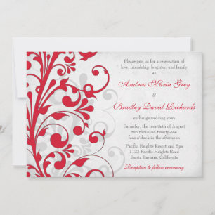 Red Silver Grey Grey Floral Wedding Invitation