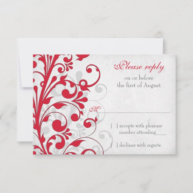 Red Silver Grey Grey Floral Wedding RSVP Reply Card (Front)